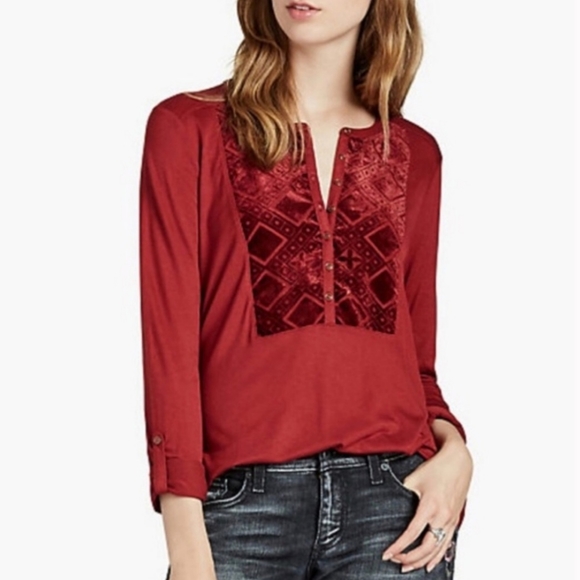 Lucky Brand Tops - NWT Lucky Brand red velvet burnout henley long sleeve top- size S